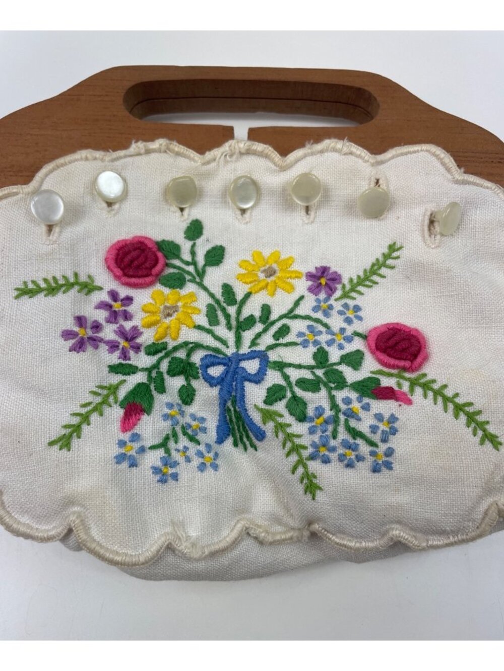 Vintage Embroidered Clutch CHILD Purse Hand Embroidered Floral Wooden Handle - Picture 5 of 10